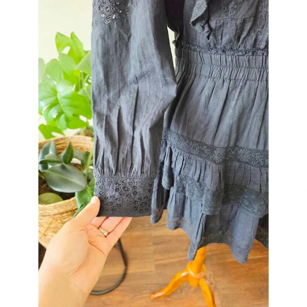 LoveShackFancy Black Lace Ruffle Mini Dress Long Sleeve Tiered Boho Womens Sz M - Picture 13 of 14